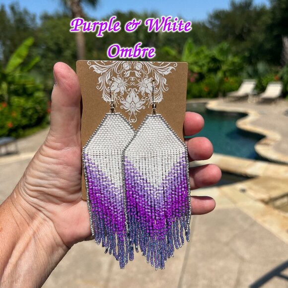 Handmade Beaded Long Sexy Fringe Dangle Drop Purple Ombre Boho Silver Earrings - Picture 7 of 7